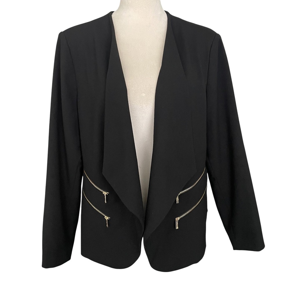 Calvin Klein Black Blazer Women 14W Zip Detail Preppy Business Chic Open Front